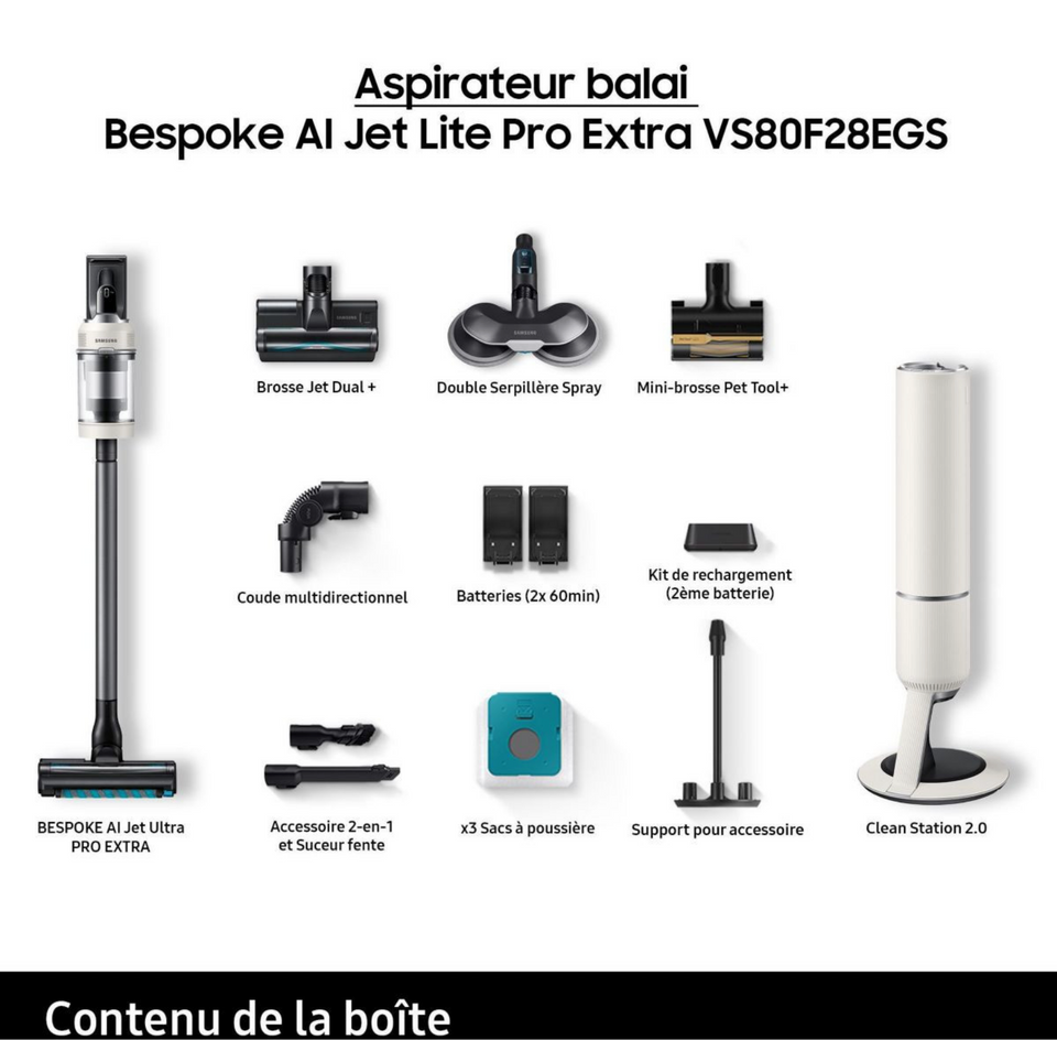 Aspirateur balai SAMSUNG Bespoke AI Jet Lite Pro Extra Blanc 2 batteries VS80F28EGS