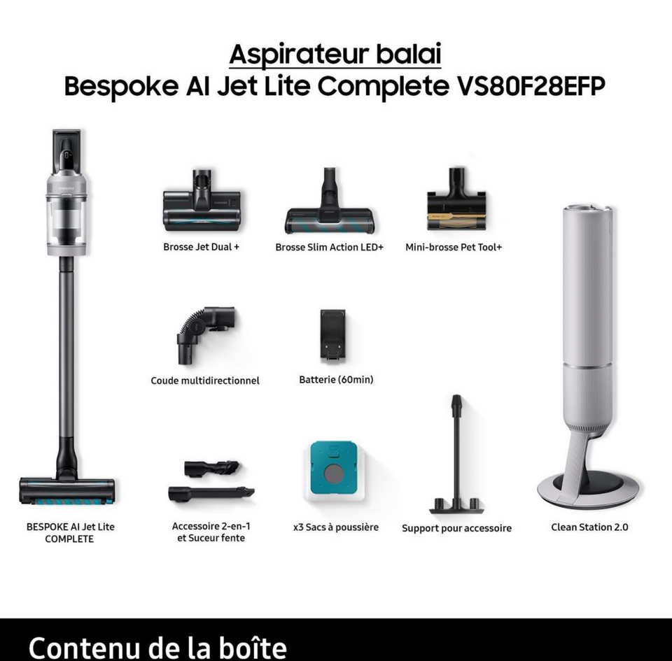 Aspirateur balai SAMSUNG Bespoke AI Jet Lite Complete VS80F28EFP